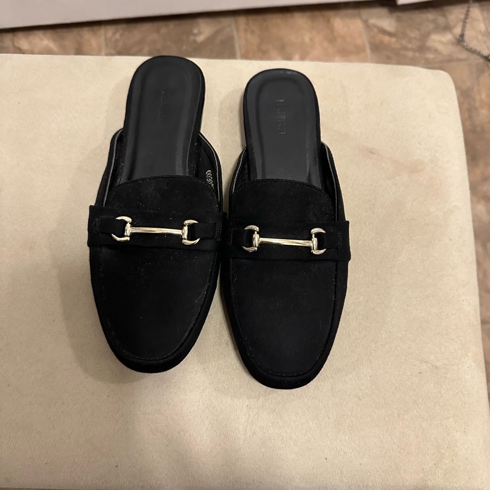 Suede slides with gold hardware. Size 6